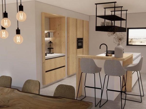 3D visualisatie van keukenontwerp in Oudemirdum met houten accenten