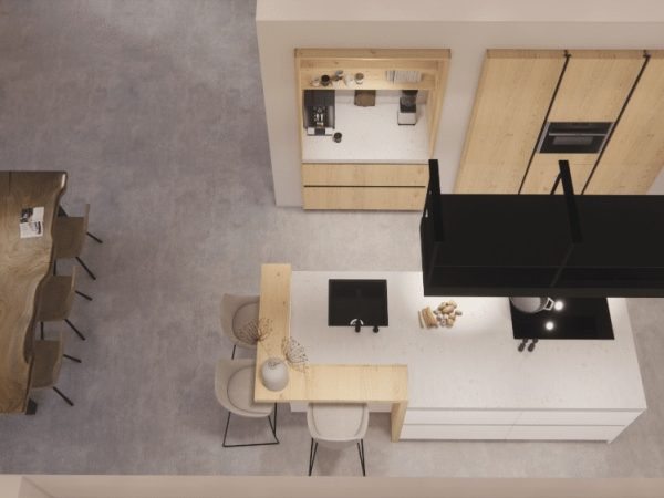 Interieurontwerp met wit kookeiland en houten apparatenwand